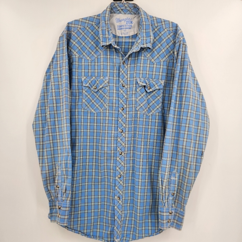 Wrangler 20X Long Sleeve Button Front Shirt Mens Size XLT Blue Plaid Snap
